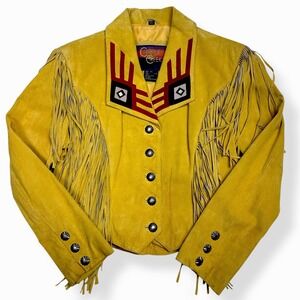 Vtg Cripple Creek Womens XL Gold Suede Leather Fringe Native Detail Southwestern